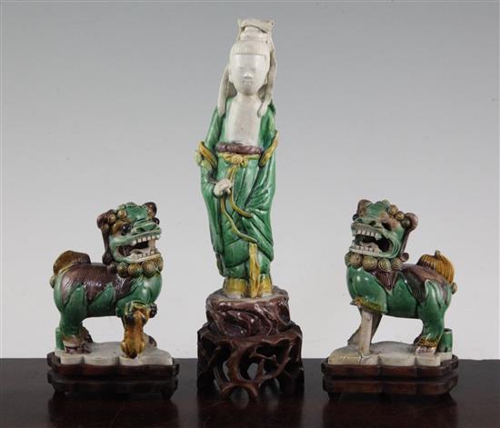 Three Chinese Sancai glazed biscuit figures, early 18th century, 10cm, one Buddhist lion restored, all with wood stands